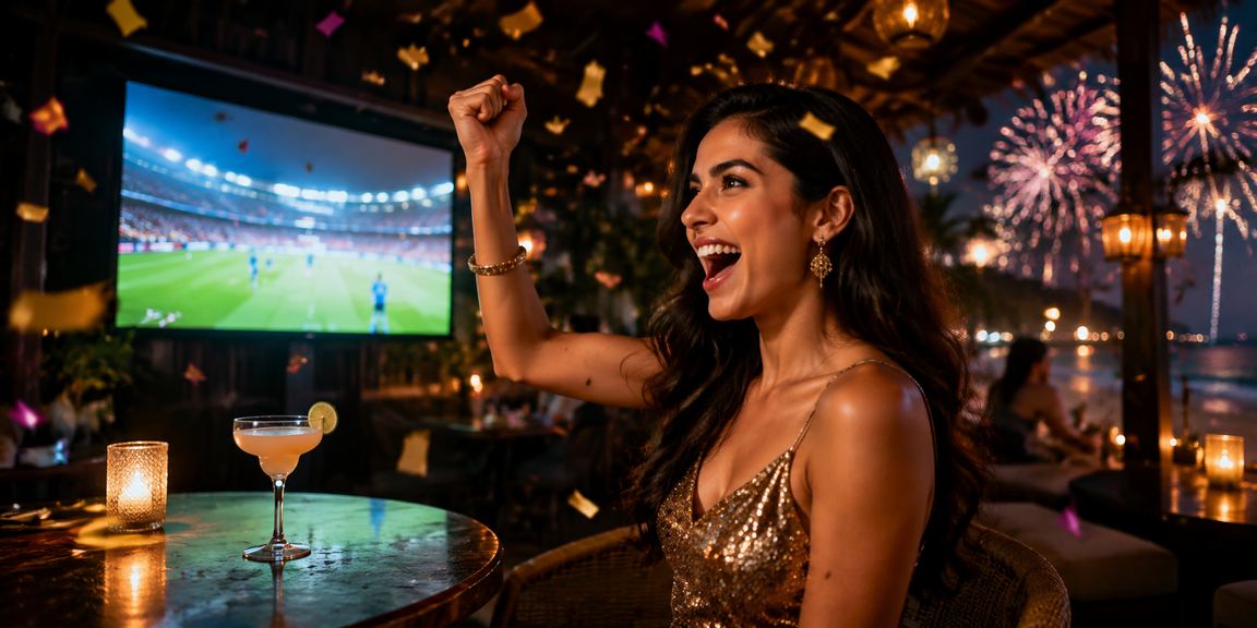 Indian woman enjoying mobile online casino game on beach vacation