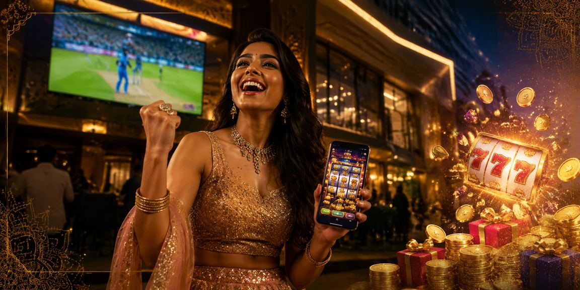 Vibrant image showing an Indian player enjoying slot games in Bollywood style setting